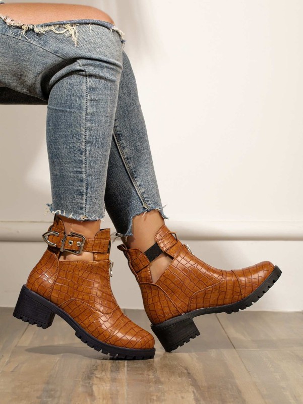 Zip Front Croc Embossed Ankle Boots