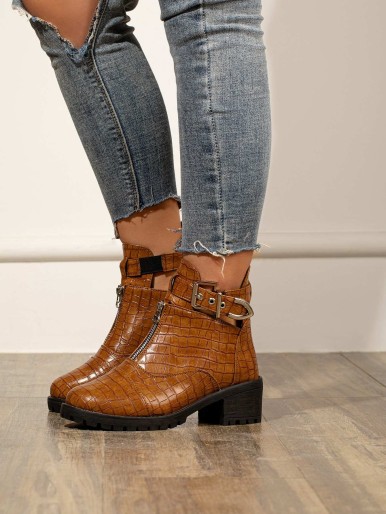 Zip Front Croc Embossed Ankle Boots