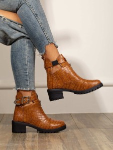 Zip Front Croc Embossed Ankle Boots