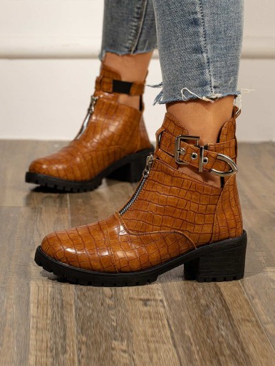 Zip Front Croc Embossed Ankle Boots