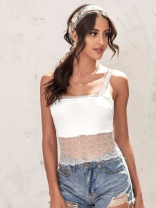 Solid color halter top with contrast sheer lace