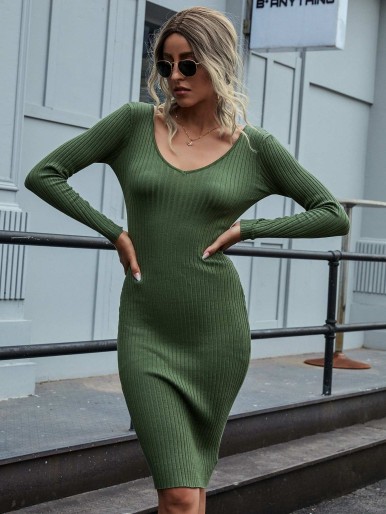 Solid Slim Ribbed Knit Dress