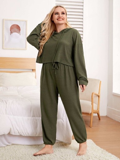 Women's Plus Knitted Hoodie Loungewear Set