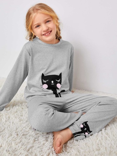 Girls Cat Print Top & Pants PJ Set