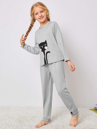 Girls Cat Print Top & Pants PJ Set