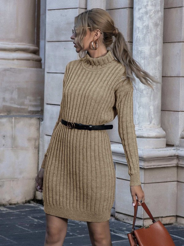 High Neck Drop Shoulder Sweater Dress Without Belt