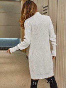 High Neck Drop Shoulder Ribbed Knit Sweater Dress