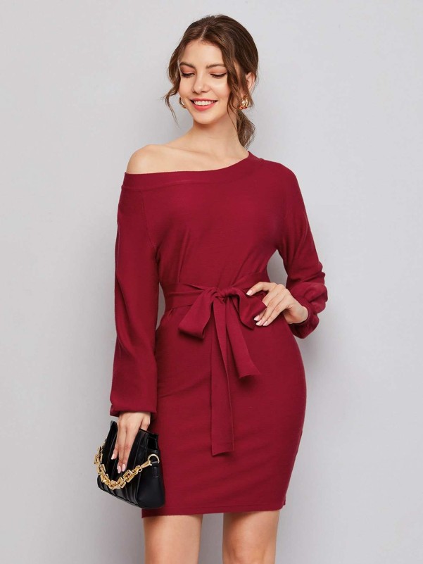 SHEIN Bishop Sleeve Self Belted Sweater Dress