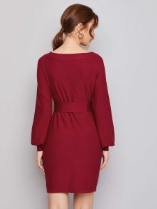 SHEIN Bishop Sleeve Self Belted Sweater Dress