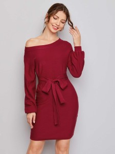 SHEIN Bishop Sleeve Self Belted Sweater Dress