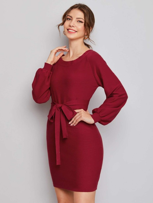 SHEIN Bishop Sleeve Self Belted Sweater Dress