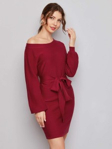 SHEIN Bishop Sleeve Self Belted Sweater Dress