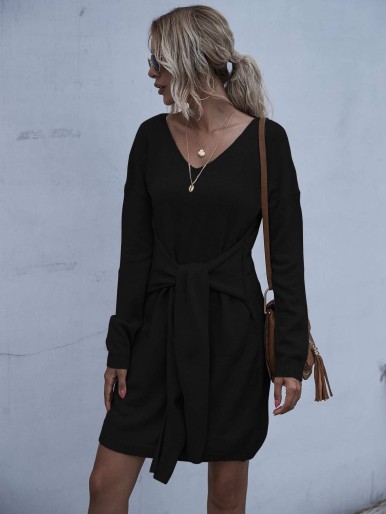 Knot Front Drop Shoulder Sweater Dress