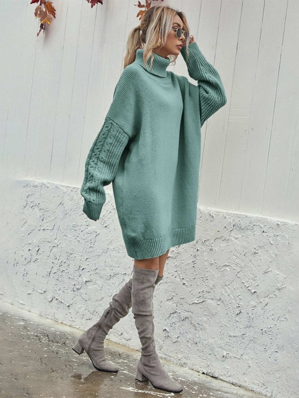 Drop Shoulder Oversized Cable Knit Sweater Dress