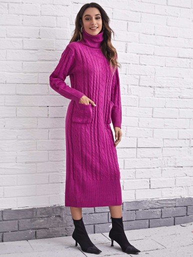 Turtleneck Pocket Patch Cable Knit Sweater Dress