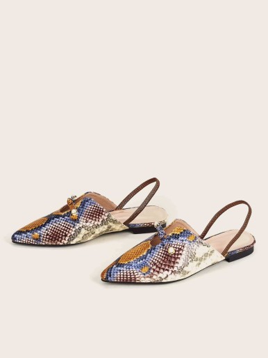 Points Toe Snakeskin Print Slingback Flats