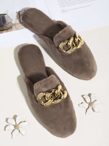 Chain Decor Fluffy Loafer Mules