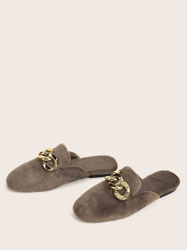 Chain Decor Fluffy Loafer Mules