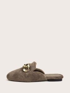 Chain Decor Fluffy Loafer Mules