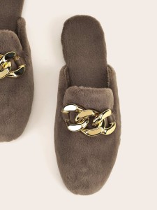 Chain Decor Fluffy Loafer Mules