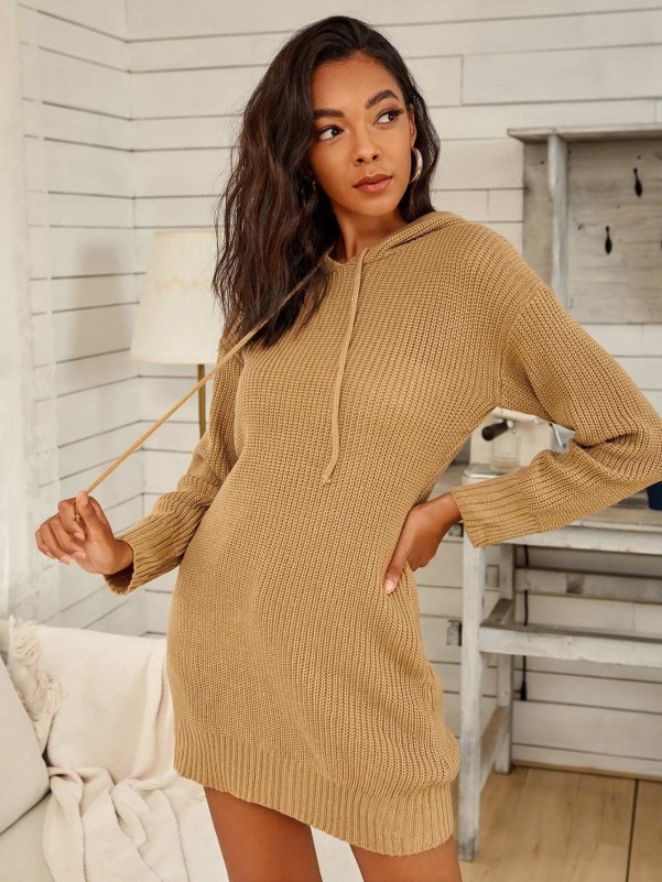 Drop Shoulder Drawstring Hooded Sweater Dress