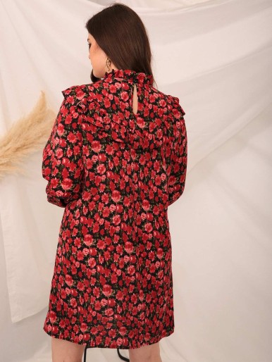 SHEIN Plus Floral Lantern Sleeve Ruffle Trim Dress Without Belt