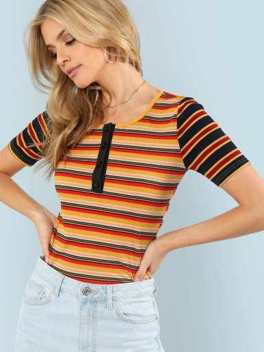 Button Front Striped Rib Knit Tee