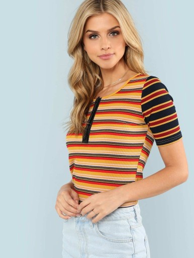 Button Front Striped Rib Knit Tee