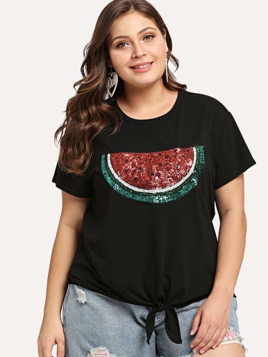 Plus Contrast Sequin Watermelon Knotted Tee
