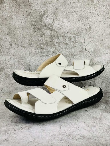 Men's white leather slippers with stitching
