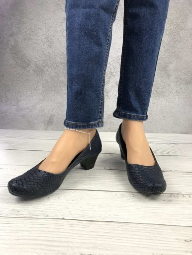 Comfortable navy blue leather women's shoes that look like snakeskin, medical medium heel