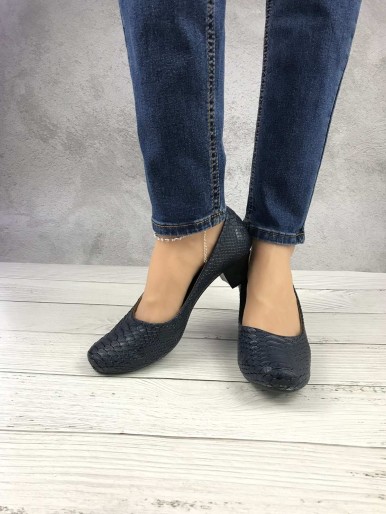 Comfortable navy blue leather women's shoes that look like snakeskin, medical medium heel