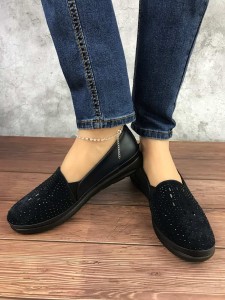 Women's navy blue canvas shoes with beads, rubber sole