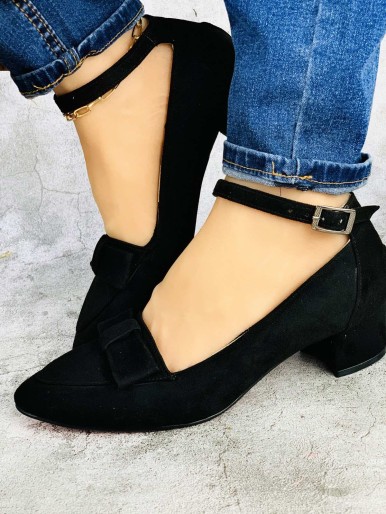 Comfortable black velvet women's shoes with medical mid heel