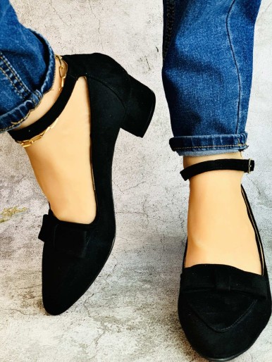 Comfortable black velvet women's shoes with medical mid heel
