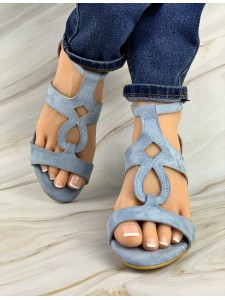 Women's blue leather sandal with stitching mid heel