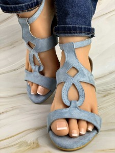 Women's blue leather sandal with stitching mid heel