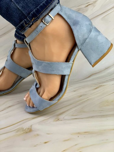 Women's blue leather sandal with stitching mid heel