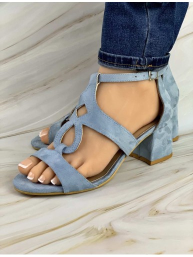 Women's blue leather sandal with stitching mid heel