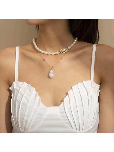 Fashion Pearl Set Clavicle Necklace Vintage Baroque Shaped Pearl Metal