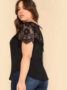 Plus Curved Hem Lace Insert Top