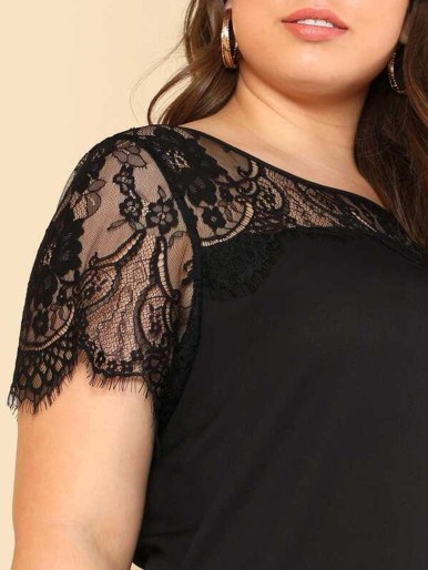 Plus Curved Hem Lace Insert Top