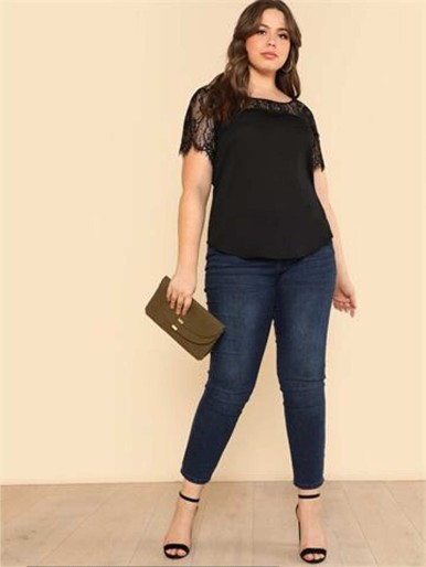 Plus Curved Hem Lace Insert Top