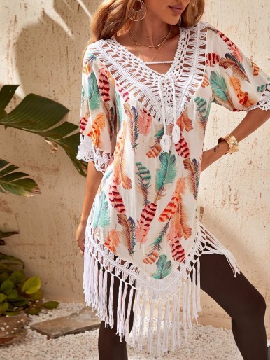 Feather Print Fringe Hem Contrast Crochet Cover Up