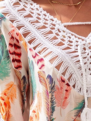 Feather Print Fringe Hem Contrast Crochet Cover Up