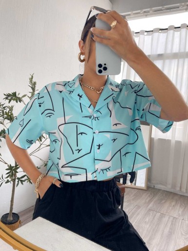 Abstract Figure Graphic Button Front Blouse