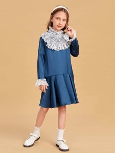 SHEIN Girls Contrast Lace Frill Trim Flounce Sleeve Ruffle