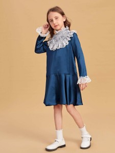 SHEIN Girls Contrast Lace Frill Trim Flounce Sleeve Ruffle