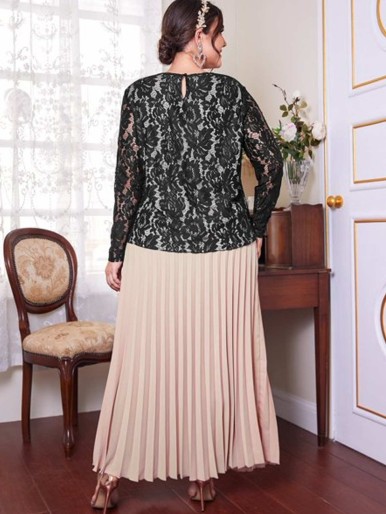 Plus Size Sheer Lace Top Pleated Skirt Set