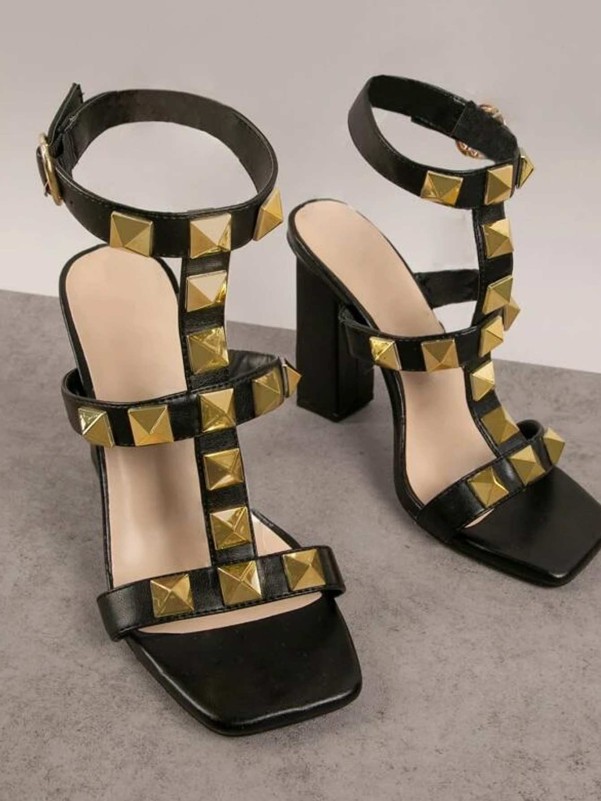 T-Strap Studded Peep Toe Square Stiletto Heel Shoes